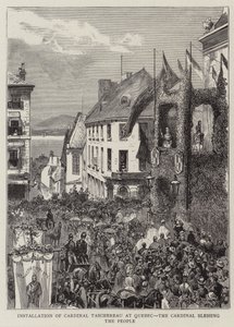Installatie van kardinaal Taschereau in Quebec, de kardinaal zegent het volk (gravure) door English School
