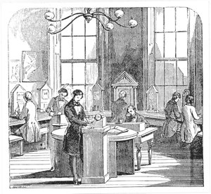 Instrumentenkamer in het Electric Telegraph Office, Lothbury, Londen, uit The Museum of Science and Art door Dionysius Lardner, c.1860 door English School