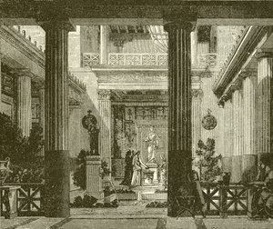 Binnenplaats van een Grieks huis met een standbeeld van de godin Hestia