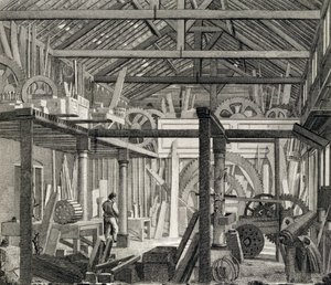 Interieur van John Bunyans Meeting House in Zoar Street, Gravel Lane, Southwark, gebruikt als werkplaats en zagerij door English School