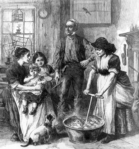 Interieur van een mijnwerkershuisje (gravure) door English School
