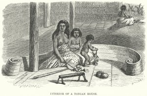 Interieur van een Tongaans huis (gravure) door English School
