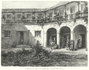 Interieur van de binnenplaats van een Bolognees huis (gravure)