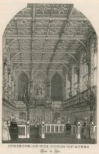 Interieur van het House of Lords, Westminster, Londen, vanuit de bar door English School