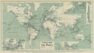 Internationale maritieme telegrafische communicatie van de wereld in gebruik vandaag, met de richtingen en het aantal kabelverbindingen in elke route door English School