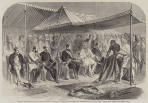 Interview in Sealkote, op 9 maart, tussen de Maharajah Rumbeer Singh van Kasjmir en Zijne Excellentie Lord Canning (gravure) door English School