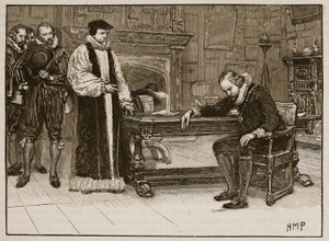 Interview tussen Bacon en de delegatie van de Lords, illustratie uit Cassells Geïllustreerde Geschiedenis van Engeland