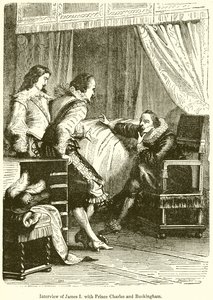 Ontmoeting van Jacobus I met prins Charles en Buckingham door English School