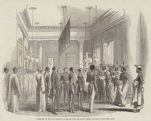 Ontmoeting van de nieuwe gouverneur van Ceylon met de inheemse hoofden, in Kandy door English School