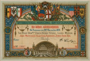 Uitnodiging voor Internationaal Gemeentelijk Vermaak in de Guildhall, Londen, op 29 juli 1875