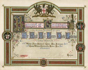 Uitnodiging voor een banket in de Guildhall, Londen, op 9 november 1868