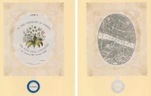 Uitnodiging voor de openingsceremonie van de Nieuwe Kolenbeurs, 30 oktober 1849, voor- en achterkant