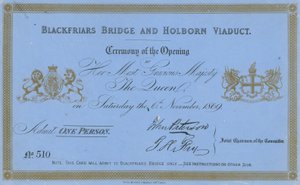 Uitnodiging voor de opening van Blackfriars Bridge en Holborn Viaduct door English School