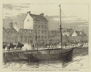 Ierland, lossen van lading van het geboycotte schip "Wave" in de haven van Cork