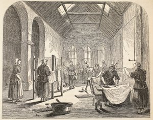 Strijkkamer in de Brixton-gevangenis, illustratie uit The Criminal Prisons of London and Scenes from Prison Life door Henry Mayhew en John Binny, uitgegeven 1862 door English School