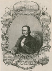 Isambard Kingdom Brunel omringd door enkele van zijn prestaties door English School