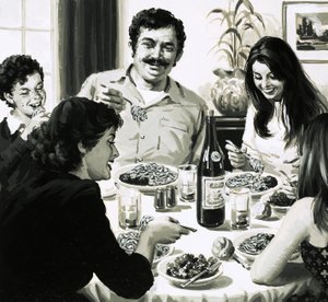 Italiaanse familie eet spaghetti voor het avondeten door English School