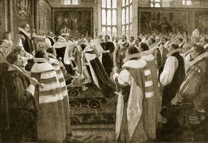 James I investeert zijn zoon Charles als Prins van Wales, 1616, illustratie uit Hutchinsons Story of the British Nation, ca. 1923 door English School