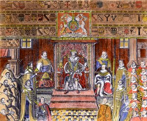 Jacob I van Engeland (1566-1625) aan het hof (later ingekleurd) door English School