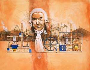 James Watt met ovens en mechanische pompen op de achtergrond door English School