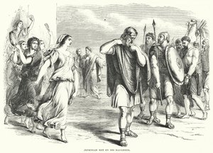 Jephthah wordt begroet door zijn dochter (gravure) door English School