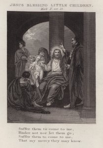 Jezus zegent kleine kinderen, Marcus X, vers 15 (gravure) door English School