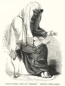 Joodse taled, met zijn "Fringes," aangepast van Picart (gravure) door English School