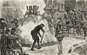 John Bland, John Frankesh, Nicholas Sheterden en Humphrey Middleton levend verbrand wegens ketterij in de 16e eeuw, c.1865 (houtsnede)