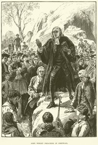 John Wesley, predikend in Cornwall (gravure)