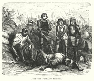 Johannes de onverschrokkene neergestoken (gravure) door English School