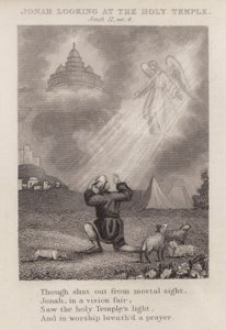 Jona kijkt naar de Heilige Tempel, Jona II, vers 4 (gravure) door English School