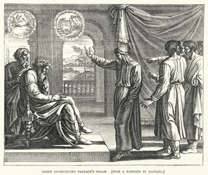 Jozef die de Droom van Farao uitlegt, naar een schilderij van Raphael (gravure) door English School