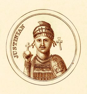 Justinianus, illustratie uit Het Universele Historische Woordenboek door George Crabb, gepubliceerd 1825 door English School