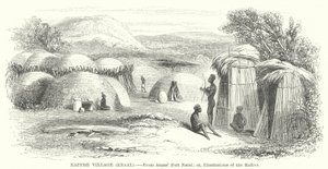 Kaffre dorp, Kraal (gravure) door English School