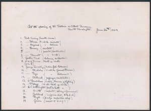 Sleutel tot een foto van een groep arbeiders die het adres aan Koning Edward VII presenteerden bij de opening van het Victoria en Albert Museum door English School