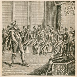 Koning Henry III betreedt het parlement en vindt de baronnen in harnas