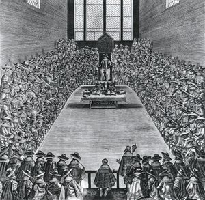 Koning James I (1566-1625) in de Huizen van het Parlement, 1624 door English School