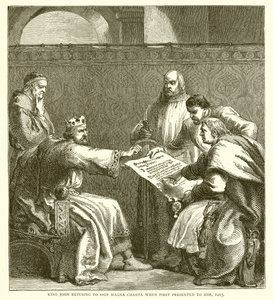 Koning Jan weigert de Magna Charta te ondertekenen toen deze hem voor het eerst werd gepresenteerd, 1215 door English School