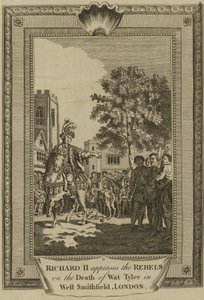 Koning Richard II sust de rebellen na de dood van Wat Tyler in West Smithfield, Londen