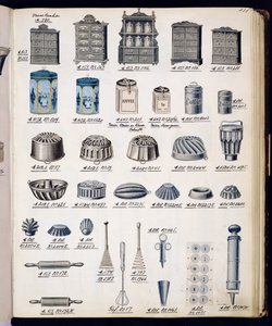 Keukenopslag en -gerei uit een handelscatalogus van huishoudelijke goederen en fittingen, c.1890-1910