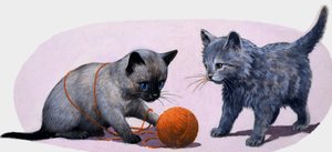Kittens spelen met een bol wol