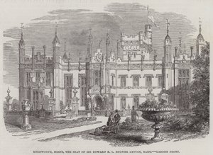 Knebworth, Herts, de zetel van Sir Edward E L Bulwer Lytton, baronet, tuinzijde door English School