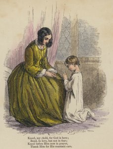 Kniel mijn kind, want God is hier; Buig, in liefde, maar niet in angst; Kniel nu voor Hem in gebed, Dank Hem voor Zijn constante zorg (gekleurde gravure) door English School