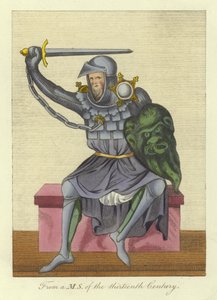 Ridder, mogelijk koning, in harnas, uit een manuscript van de 13e eeuw