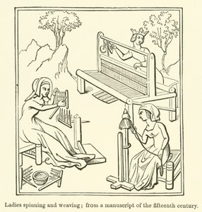 Dames spinnen en weven, uit een manuscript van de vijftiende eeuw door English School