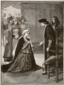 Lady Catherine Gordon voor Hendrik VII, illustratie uit Cassells Geïllustreerde Geschiedenis van Engeland door English School