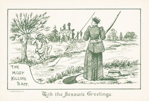 Dame aan het vissen gadegeslagen door heer, kerstkaart (chromolitho)