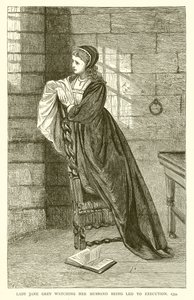 Lady Jane Grey kijkt toe hoe haar man naar de executie wordt geleid, 1554 door English School