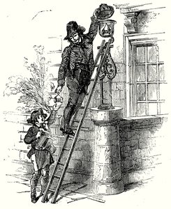 Lampenaansteker (gravure) door English School
