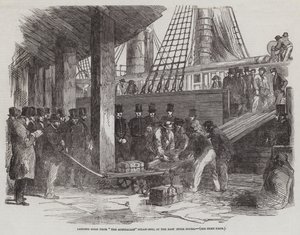 Goud lossen van "The Australian" stoomschip, in de East India Docks door English School